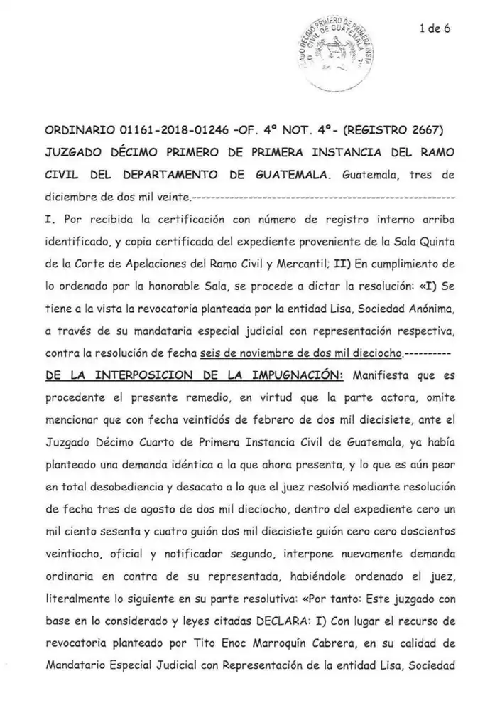 The Eleventh Civil Court of Guatemala granted Lisa, S.A.'s motion for revocation and rejected Escobio, S.A.'s ordinary dividend prescription claim, ruling the commercial dispute must proceed through summary trial.