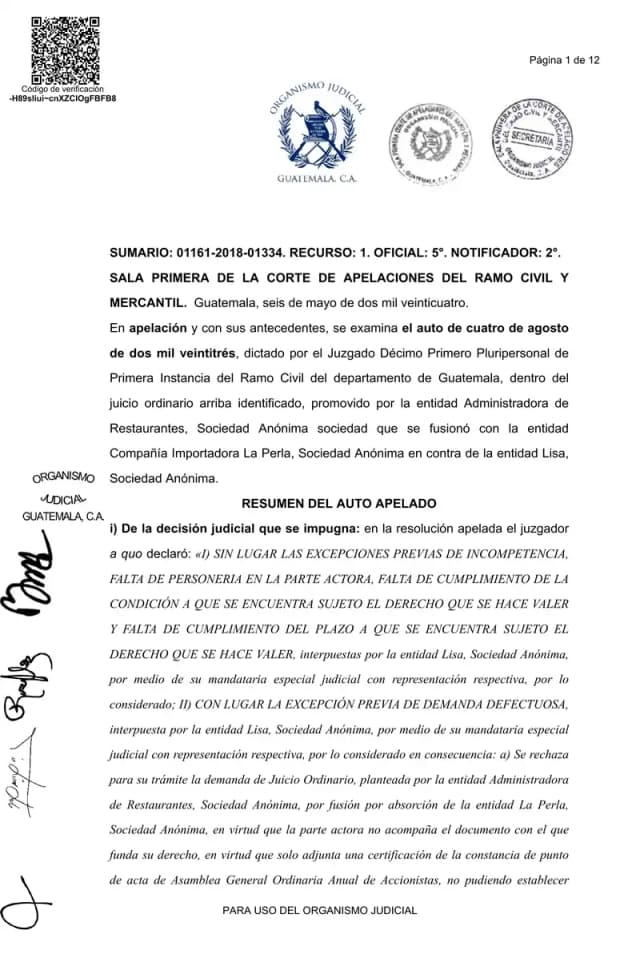 La Sala Primera de la Corte de Apelaciones confirmó el rechazo de la demanda de prescripción extintiva de dividendos promovida por Administradora de Restaurantes contra Lisa, S.A., por no acompañar los documentos fundantes.