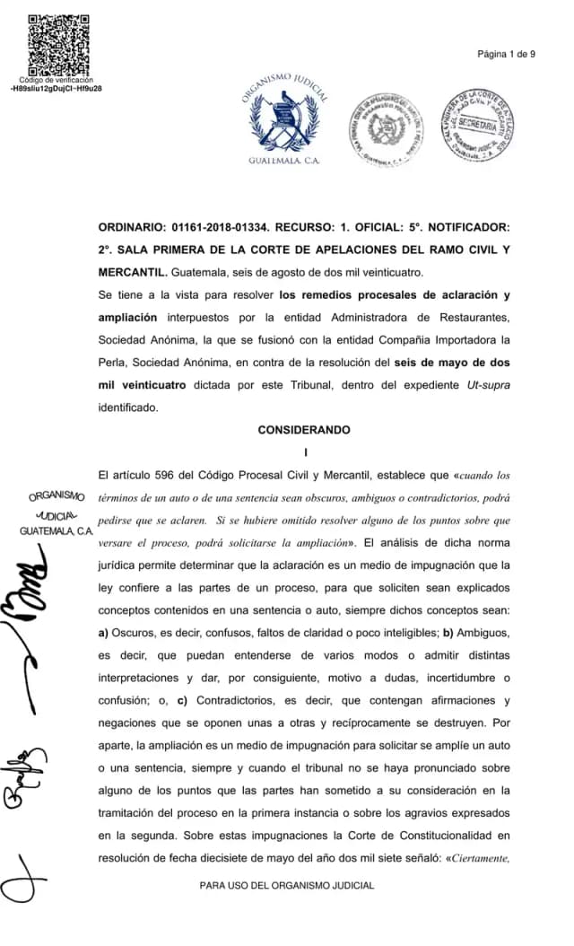 La Sala Primera de Apelaciones declaró sin lugar la aclaración y ampliación de Administradora de Restaurantes contra el fallo que confirmó el rechazo de su demanda de prescripción de dividendos contra Lisa, S.A.