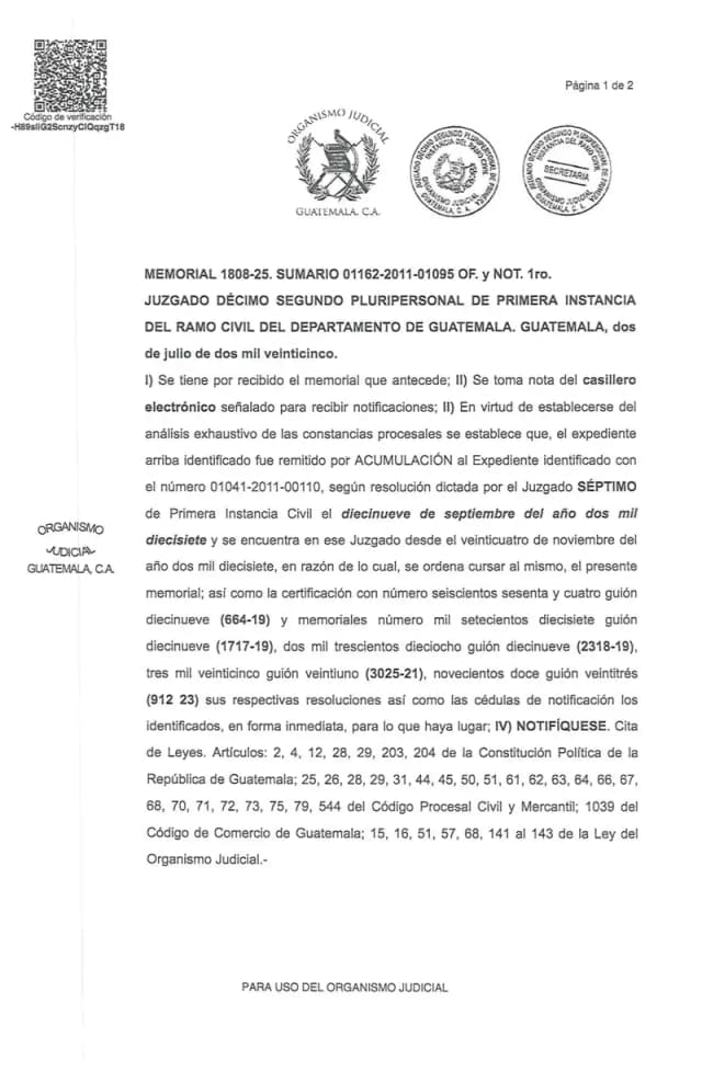The Twelfth Civil Court orders a filing and five certifications forwarded to Case 01041-2011-00110 at the Seventh Civil Court, where the shareholder exclusion proceeding against Lisa, S.A. has been accumulated since 2017.