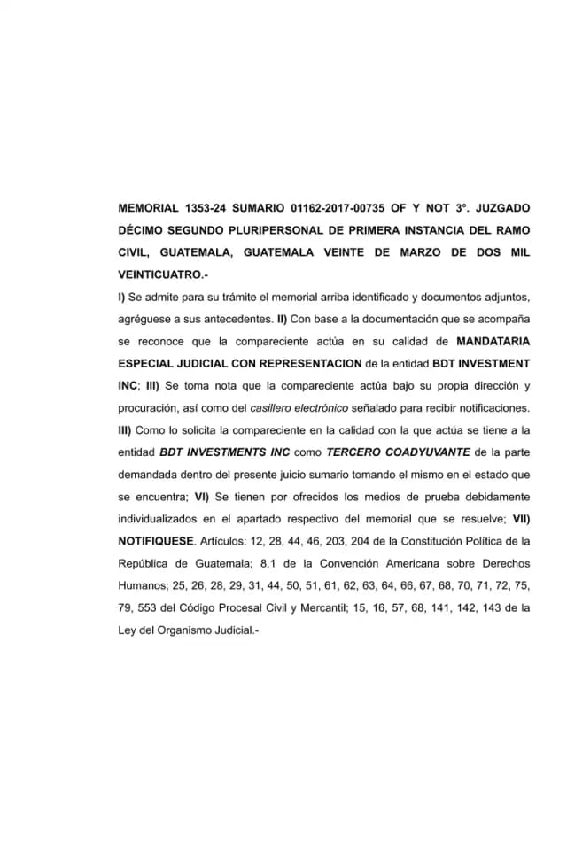 Guatemala's Twelfth Civil Court admits BDT Investments Inc. as third-party co-litigant supporting Lisa, S.A. in summary proceeding on dividend prescription filed by Reproductores Avícolas.
