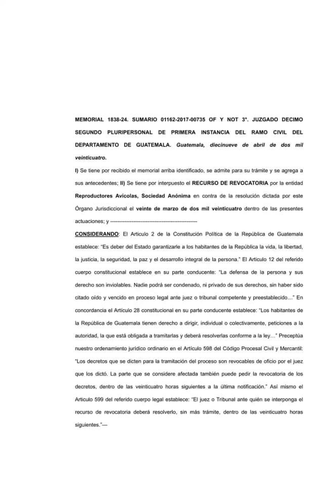 The Twelfth Civil Court denied Reproductores Avícolas' revocatoria challenging BDT Investments Inc.'s admission as third-party co-defendant of Lisa, S.A. in the dividend prescription summary proceeding.