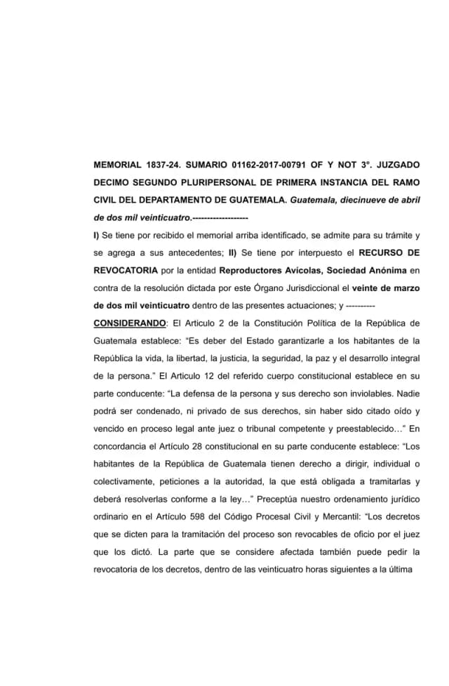 The Twelfth Civil Court denied Reproductores Avícolas' motion to revoke BDT Investments Inc.'s admission as third-party co-defendant supporting Lisa, S.A. in the dividend prescription proceeding.