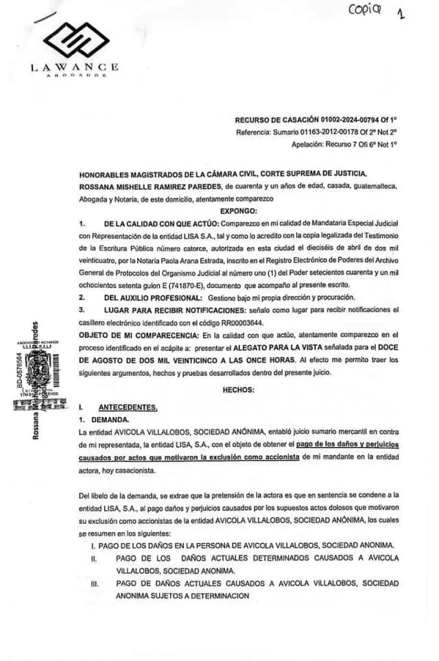 Lisa, S.A. se opone al recurso de casación de Avícola Villalobos, argumentando que la exclusión como accionista no genera condena automática por daños sin prueba de su existencia y nexo causal.