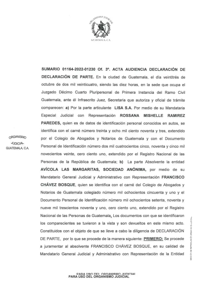 El representante de Avícola Las Margaritas reconoce el derecho inmediato de Lisa, S.A. a cobrar dividendos y confirma embargos inscritos sobre su folio accionario en audiencia de declaración de parte.