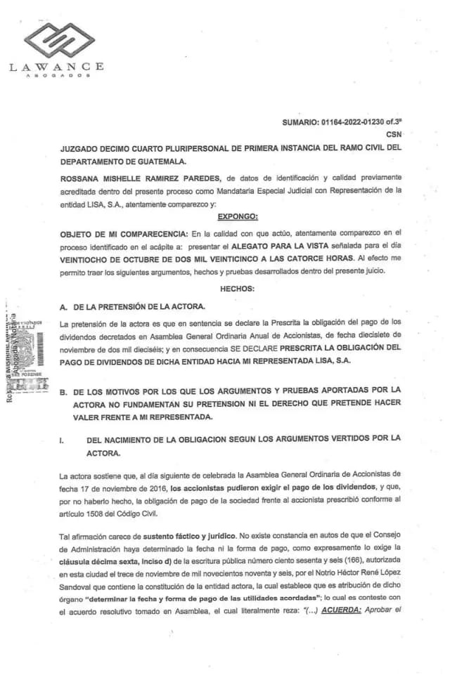 Lisa, S.A. presenta su alegato para la vista oponiéndose a la prescripción extintiva de dividendos, argumentando que la obligación nunca fue exigible y que los embargos judiciales impiden su disposición.
