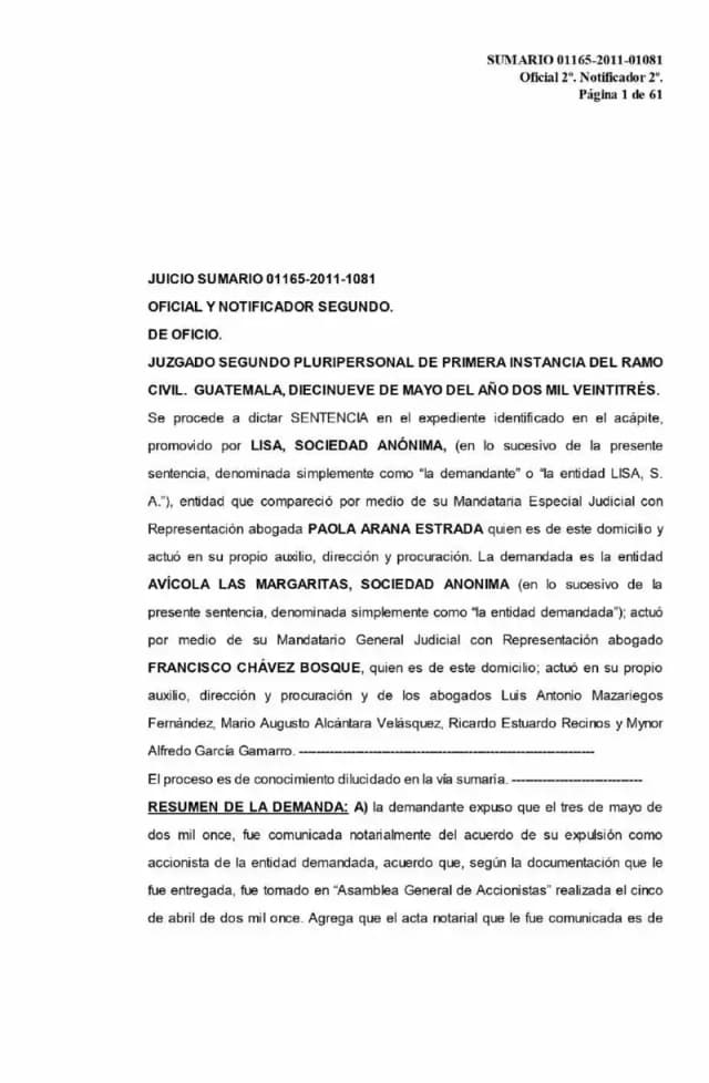 The Second Pluripersonal Civil Court ruled in favor of Lisa, S.A., annulling its exclusion as shareholder of Compañía Alimenticia de Centroamérica, S.A., finding the three-month statutory limitation period had been exceeded.