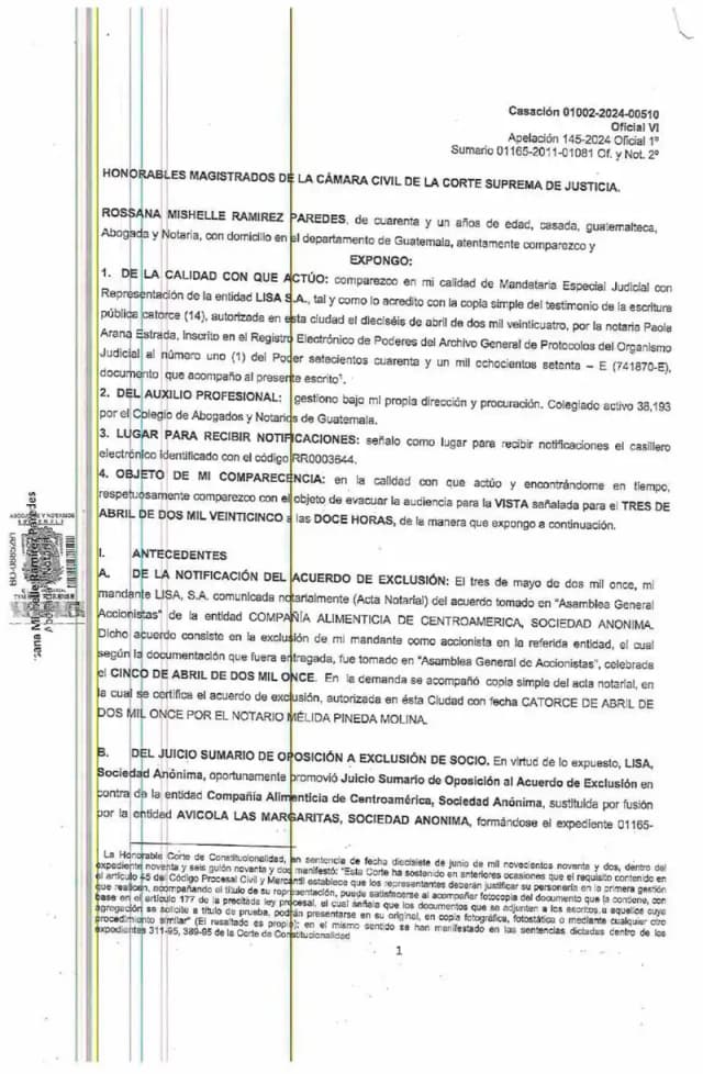 Lisa, S.A. asked the Civil Chamber of the Supreme Court to dismiss Avícola Las Margaritas' cassation appeal in limine for technical defects, including misidentifying the summary proceeding as an ordinary action.