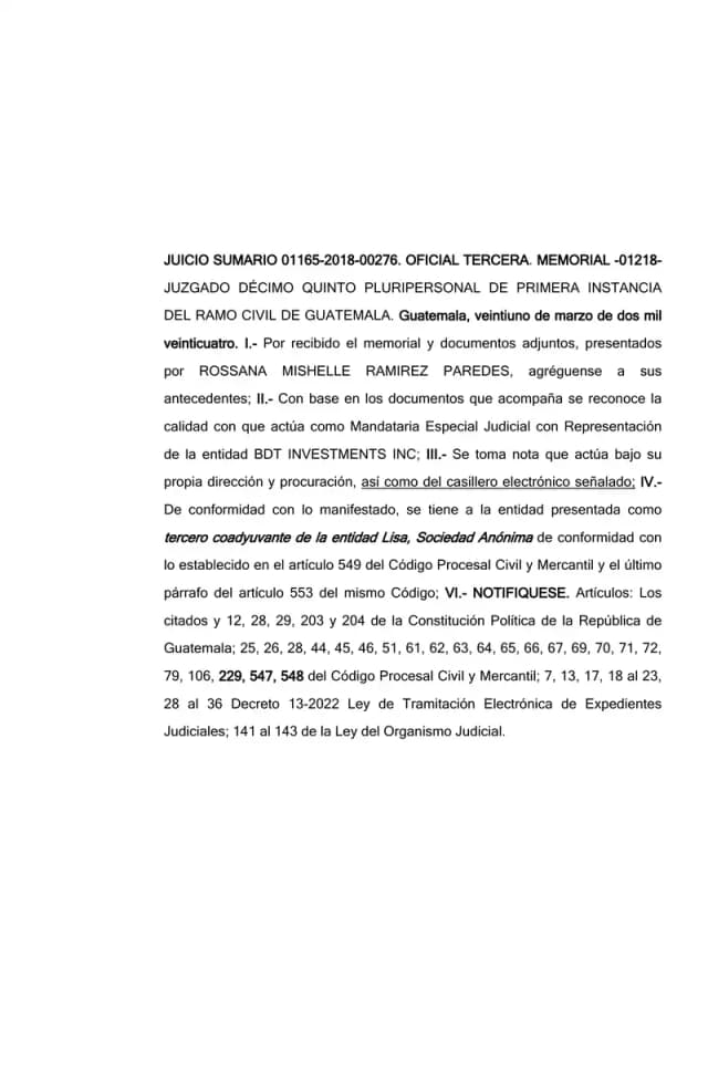 The Fifteenth Civil Court admitted BDT Investments Inc. as a third-party co-litigant supporting Lisa, S.A. in a summary proceeding filed by Administradora de Restaurantes, S.A.