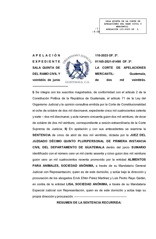 The Fifth Court of Appeals denied the appeal by Alimentos para Animales, S.A. and affirmed dismissal of its abuse-of-right claim against Lisa, S.A., finding the criminal complaint was never directed against the plaintiff.