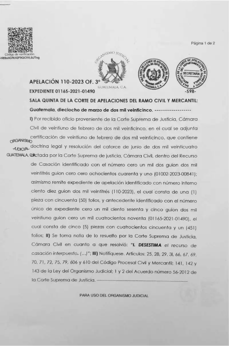 The Fifth Court of Appeals acknowledged the Supreme Court's dismissal of the cassation appeal, definitively closing the summary abuse-of-right proceeding filed by Alimentos para Animales against Lisa, S.A.