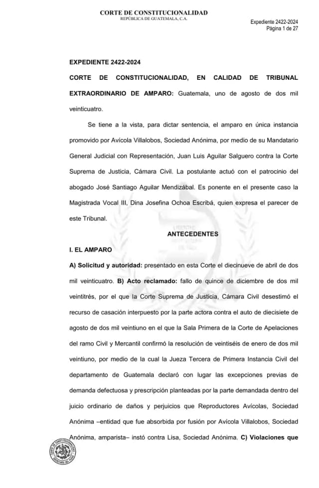 La Corte de Constitucionalidad denegó el amparo de Avícola Villalobos contra el fallo de casación que confirmó la prescripción de la acción de daños y perjuicios por Q30,269,808.59 promovida contra Lisa, S.A.