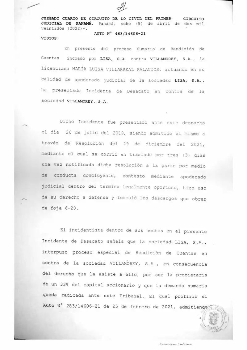 El Juzgado Cuarto Civil de Panamá declara probado el desacato de Villamorey, S.A. por incumplir la orden de rendición de cuentas e impone multas de $100.00 diarios.