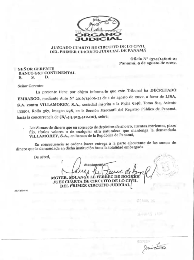 El Juzgado Cuarto Civil de Panamá ordena a Banco G&T Continental retener y entregar los activos financieros de Villamorey, S.A. hasta por $44,913,412.00 a favor de Lisa, S.A.