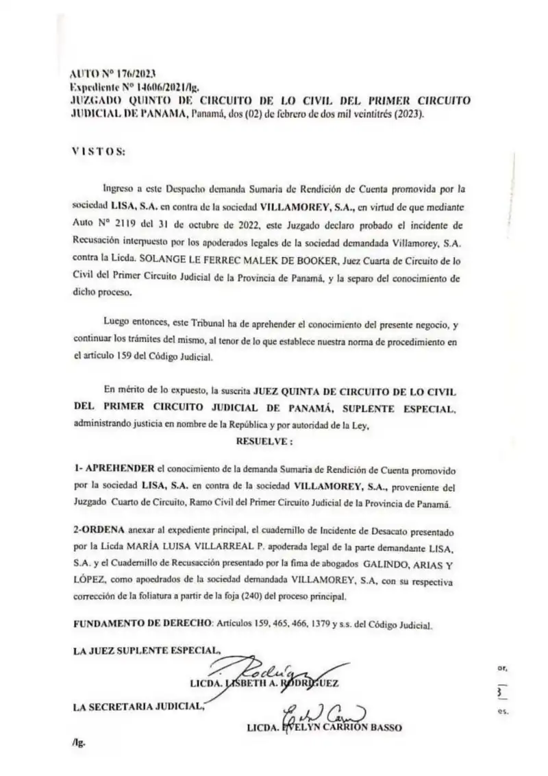 El Juzgado Quinto de Circuito Civil aprehende la demanda de rendición de cuentas de Lisa, S.A. contra Villamorey, S.A. tras la separación de la jueza Le Ferrec, y ordena consolidar los cuadernillos de desacato y recusación al expediente principal.