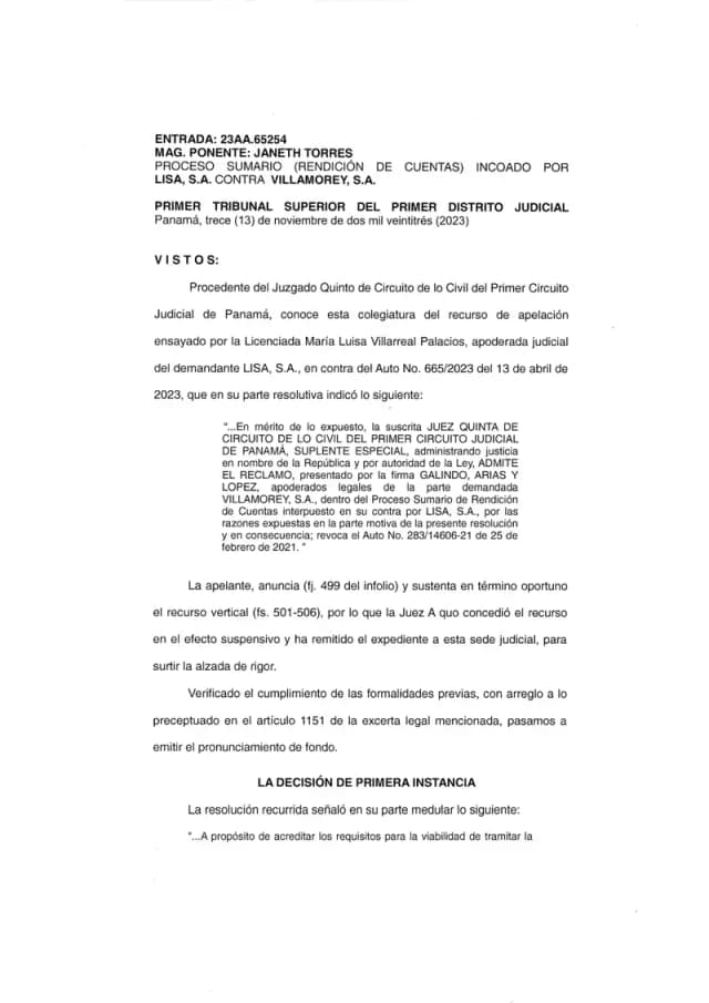 El Primer Tribunal Superior revoca el Auto No. 665/2023 del Juzgado Quinto de Circuito de lo Civil, restableciendo plenamente la demanda de rendición de cuentas de Lisa, S.A. contra Villamorey, S.A.