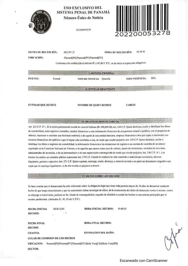 Lisa, S.A. presenta querella penal contra Villamorey, S.A. y Juan Luis Bosch Gutiérrez por estafa, delitos financieros, blanqueo de capitales y falsificación documental relacionados con el desvío de dividendos accionarios.
