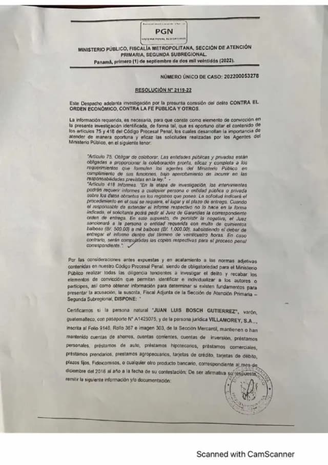 The Metropolitan Prosecutor orders banks to certify and produce all financial records linked to Juan Luis Bosch Gutiérrez and Villamorey, S.A. for the 2018–2022 period.