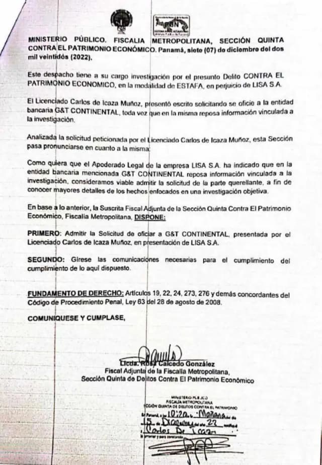 The Metropolitan Prosecutor's Office orders Banco G&T Continental to disclose all accounts, banking products, and international wire transfers held by Juan Luis Bosch Gutiérrez and Villamorey, S.A. since December 2018.