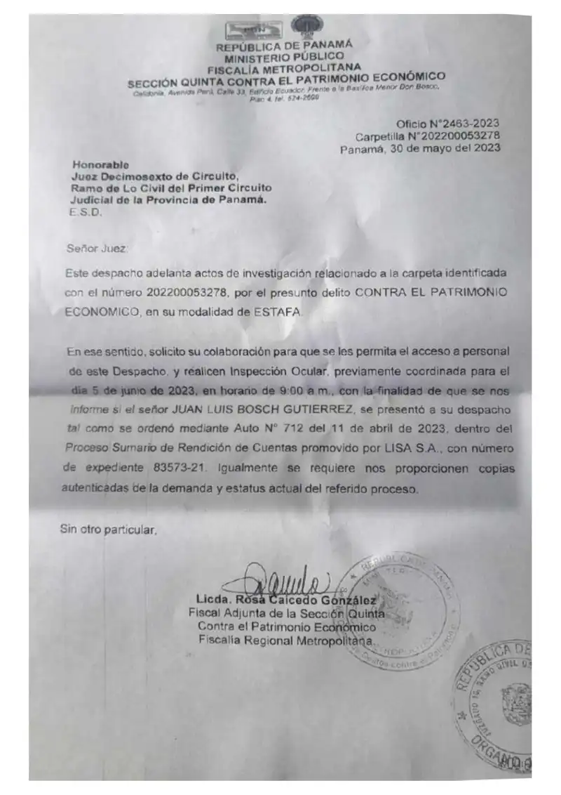 La Fiscalía Metropolitana solicita al Juzgado Decimosexto Civil confirmar si Bosch compareció conforme al Auto No. 712 y remitir copias autenticadas del proceso de rendición de cuentas de Lisa, S.A.