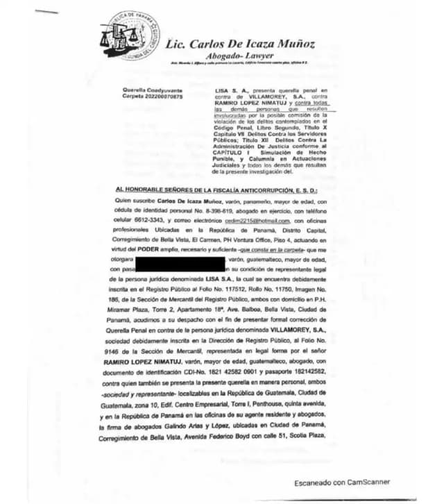 Lisa, S.A. files a criminal complaint against Villamorey, S.A. before the Anticorruption Prosecutor for intimidating the Fourth Civil Court judge to reverse an embargo in the $44.5 million accounting case.