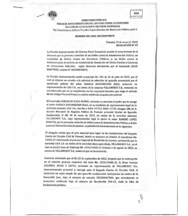 La Fiscalía Anticorrupción admite la querella de Lisa, S.A. contra Villamorey, S.A. por intimidación a la juez civil que dictó el embargo en el proceso de rendición de cuentas.