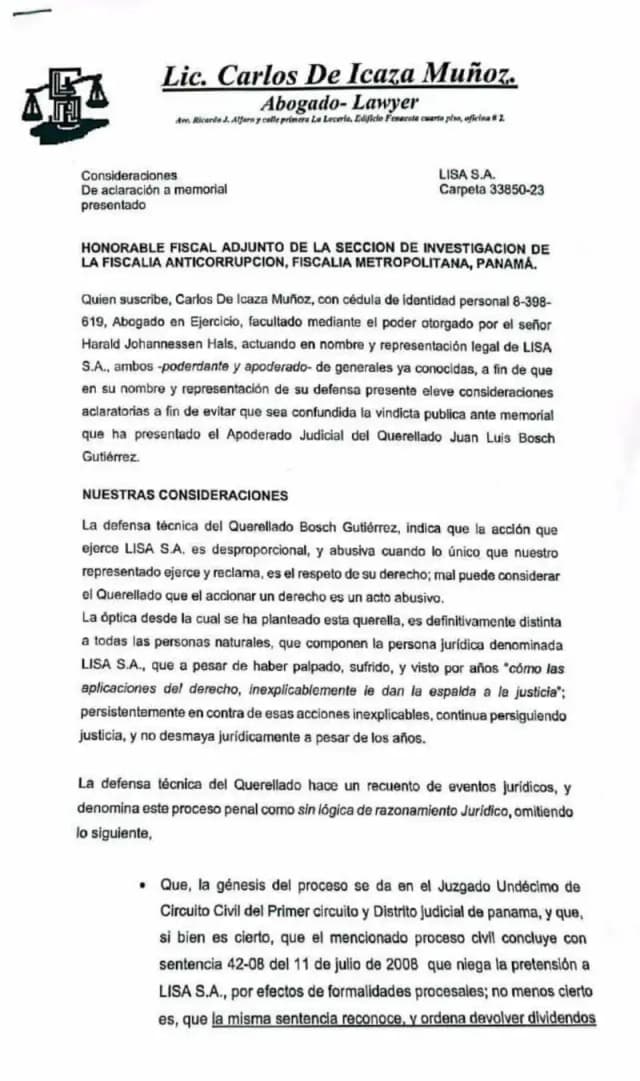 Lisa, S.A. files a clarifying brief before the Anti-Corruption Prosecutor rebutting Bosch's objections and reaffirming he never filed depositary reports or returned the withheld dividends.