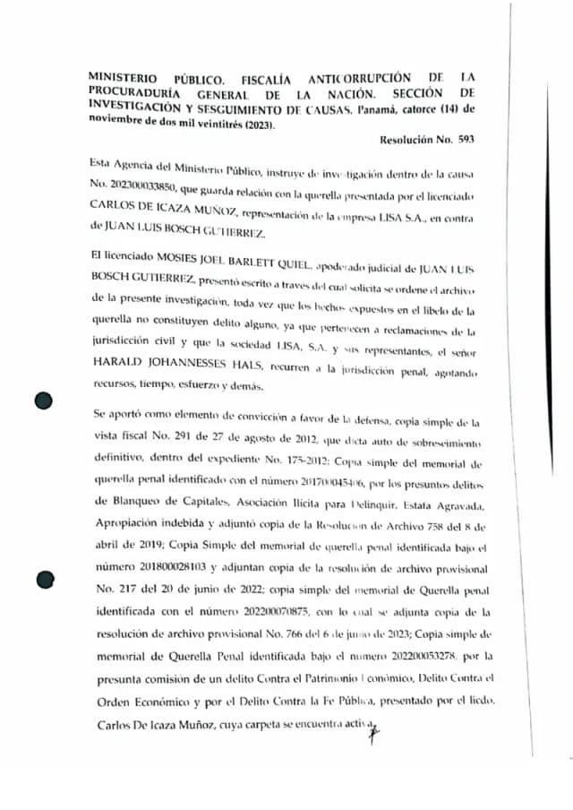 Anti-Corruption Prosecutor denies Bosch's defense request to archive the criminal case, schedules a court officer interview, and orders civil courts to report proceedings involving Lisa, S.A.