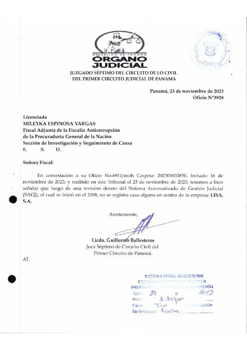 Ten civil circuit courts of the First Judicial Circuit of Panama report to the Anti-Corruption Prosecutor that no civil proceedings exist against Lisa, S.A., and that the only cases involving it are those Lisa itself filed against Villamorey, S.A.