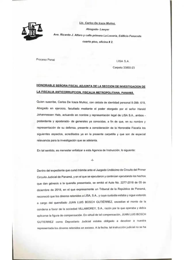 Lisa presenta ante la Fiscalía Anticorrupción evidencia del incumplimiento de la orden de compensación de 2018 y la ilegalidad del aumento de capital de Villamorey, solicitando la aprehensión provisional de los fondos retenidos.