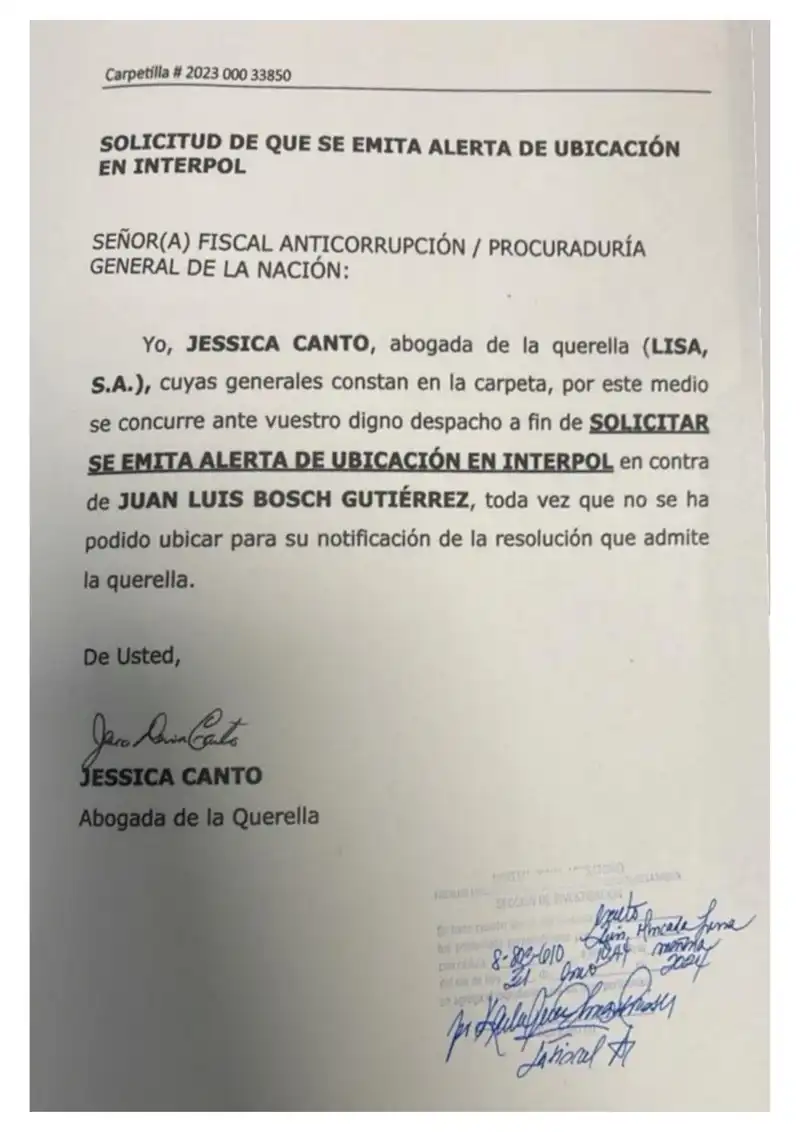 Lisa, S.A. solicita a la Fiscalía Anticorrupción de Panamá que emita una alerta de ubicación en Interpol contra Juan Luis Bosch Gutiérrez, quien no ha podido ser localizado para notificarle la admisión de la querella penal.