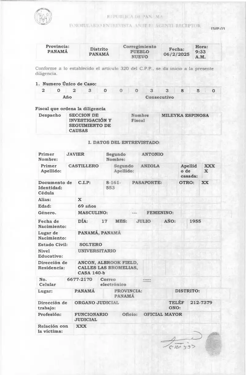 Javier Castillero Anzola, Oficial Mayor del Juzgado Undécimo de Circuito Civil, declaró ante la Fiscalía Anticorrupción que el proceso concluyó con el Auto 2277-18, las cauciones fueron liberadas y el expediente fue archivado en 2021.