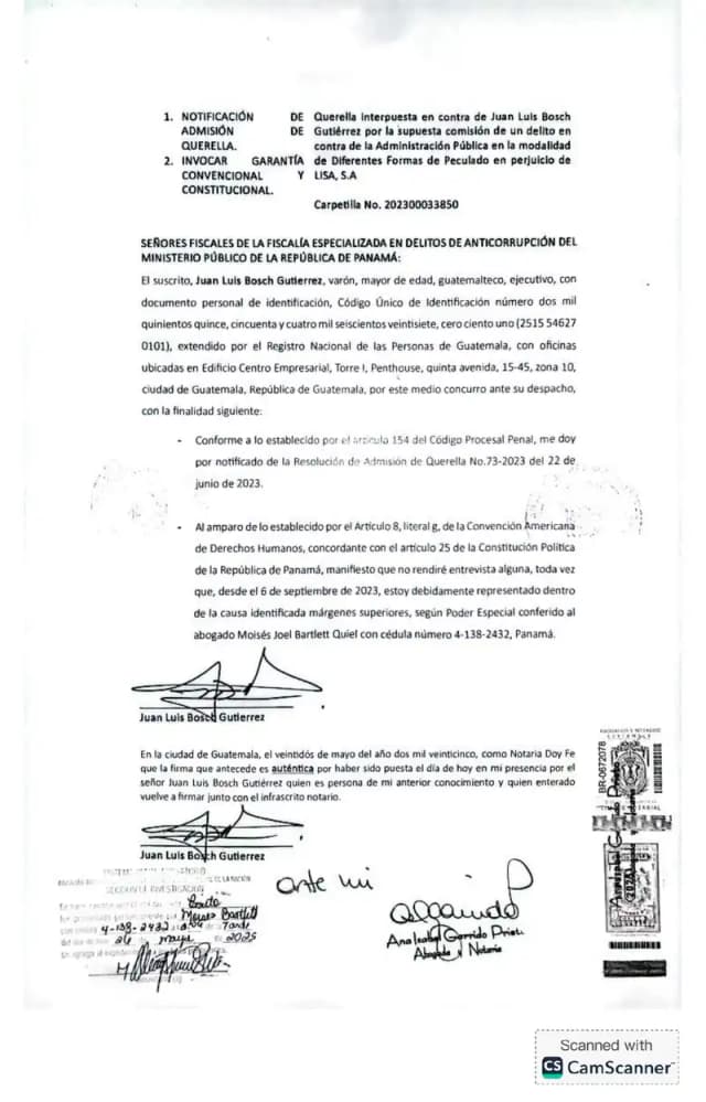 Juan Luis Bosch Gutierrez formally acknowledged Resolution 73-2023 before Panama's Anti-Corruption Prosecutor and invoked his constitutional right not to testify.