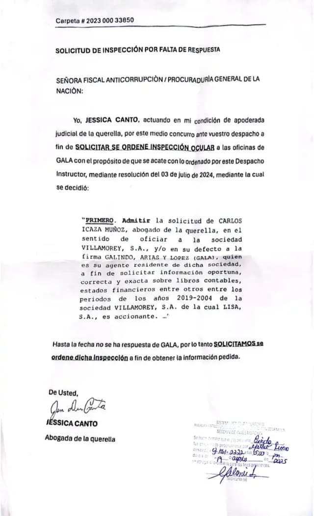 Lisa, S.A. solicitó a la Fiscalía Anticorrupción una inspección ocular a las oficinas de GALA, agente residente de Villamorey, S.A., tras más de trece meses sin respuesta a la orden de entregar documentación financiera del periodo 2019-2024.