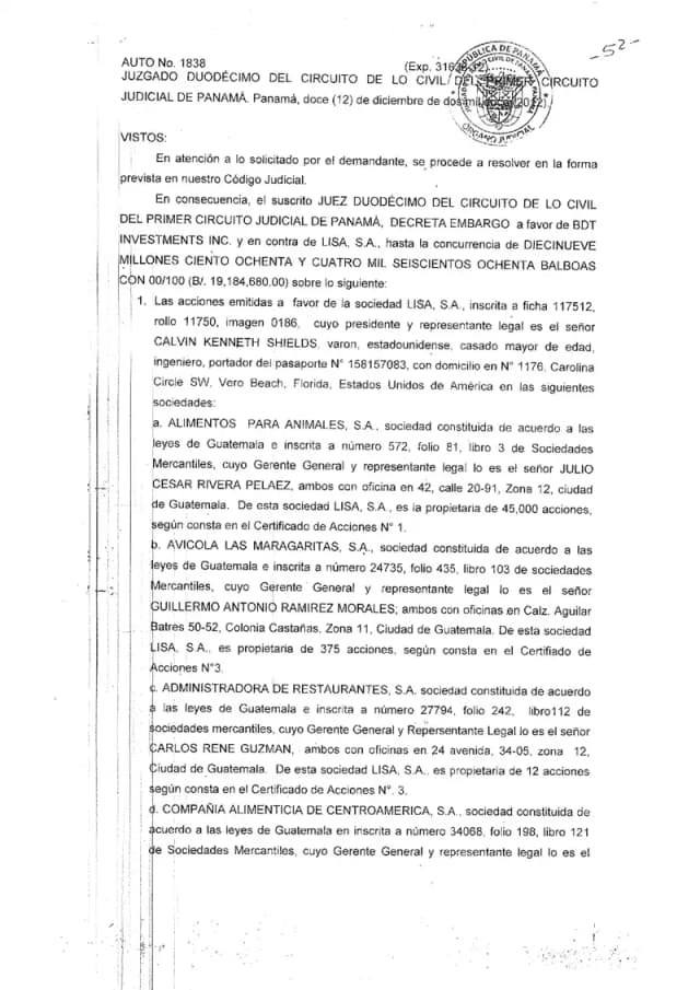 El Juzgado Duodécimo de lo Civil de Panamá decreta embargo por $19,184,680.00 sobre las acciones de Lisa, S.A. en ocho sociedades del Grupo Avícola Villalobos, dividendos, fondos en GTC Bank y depósitos bancarios.