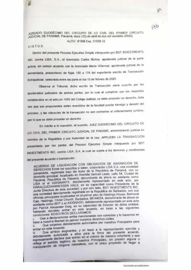 The Twelfth Civil Court approves the extrajudicial settlement between BDT Investments Inc. and Lisa, S.A., orders the full lifting of the $19,184,680.00 attachment over Lisa's shares, dividends, and bank funds, and closes the simple executive proceeding.