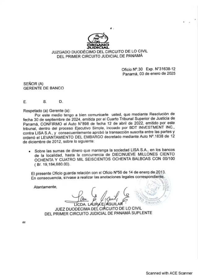 El Juzgado Duodécimo de lo Civil comunicó a los bancos de la localidad que el embargo de $19,184,680.00 sobre los fondos de Lisa, S.A. ha quedado levantado tras la confirmación en alzada de la transacción BDT-Lisa.