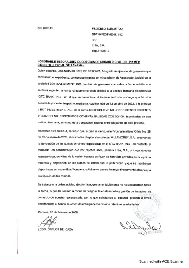 BDT solicita al Juzgado Duodécimo que libre oficio directamente al GTC Bank ordenando la entrega de $19,184,680.00 retenidos, ante el incumplimiento de Villamorey con el Oficio No. 28.