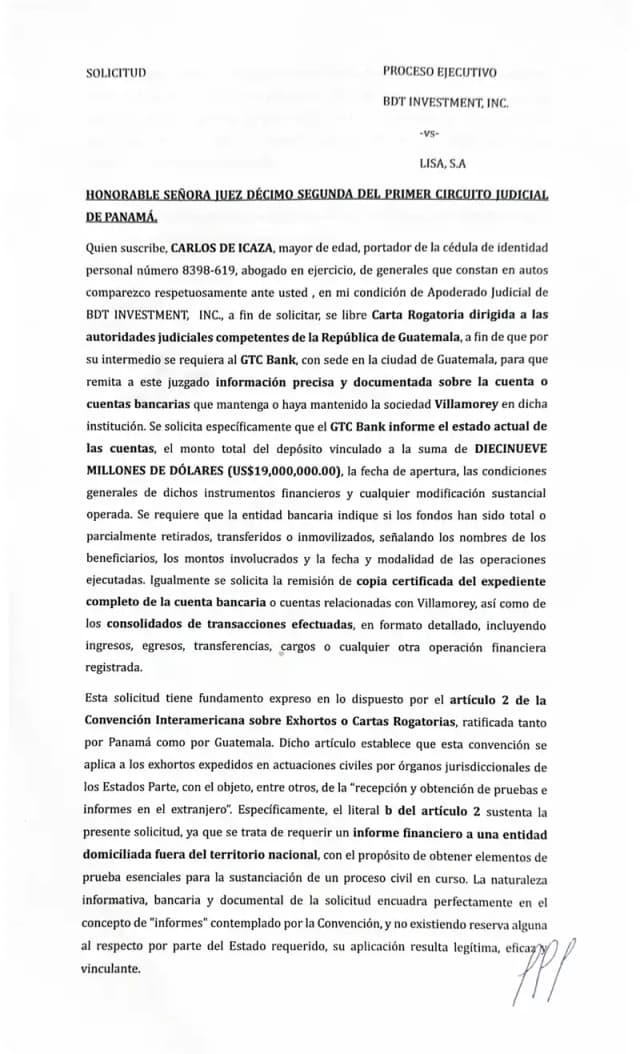 BDT asks the Twelfth Civil Court to issue a letter rogatory to Guatemala requiring GTC Bank to provide full records on accounts linked to Villamorey's $19,000,000.00 deposit.