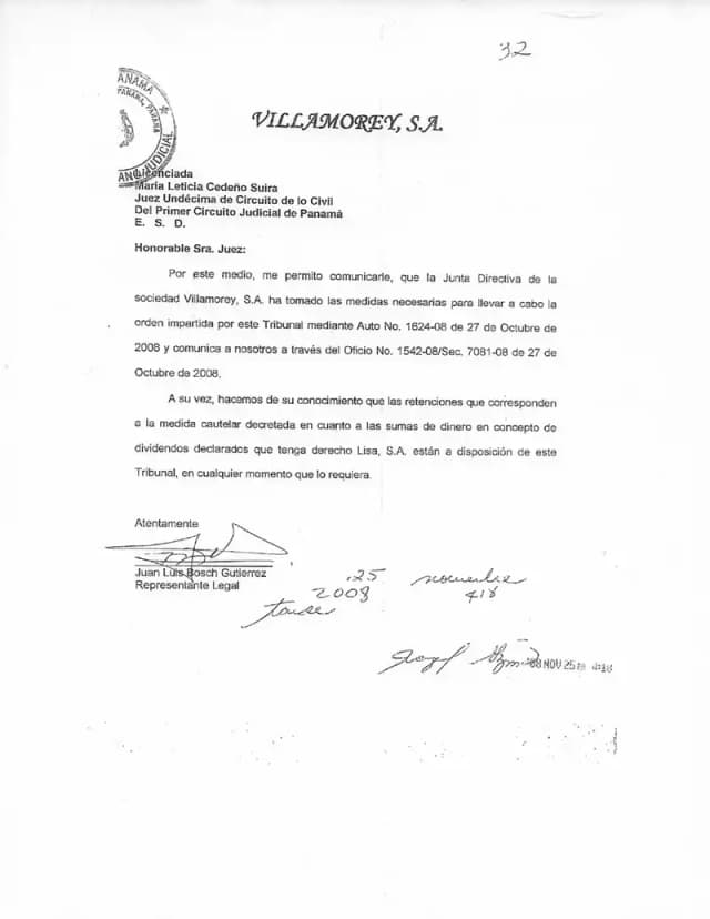 Juan Luis Bosch Gutiérrez comunicó al Juzgado Undécimo de Circuito Civil que los dividendos retenidos de Lisa, S.A. estaban a disposición del tribunal, constituyéndose como depositario judicial tras la ejecución del Auto No. 1624-08.