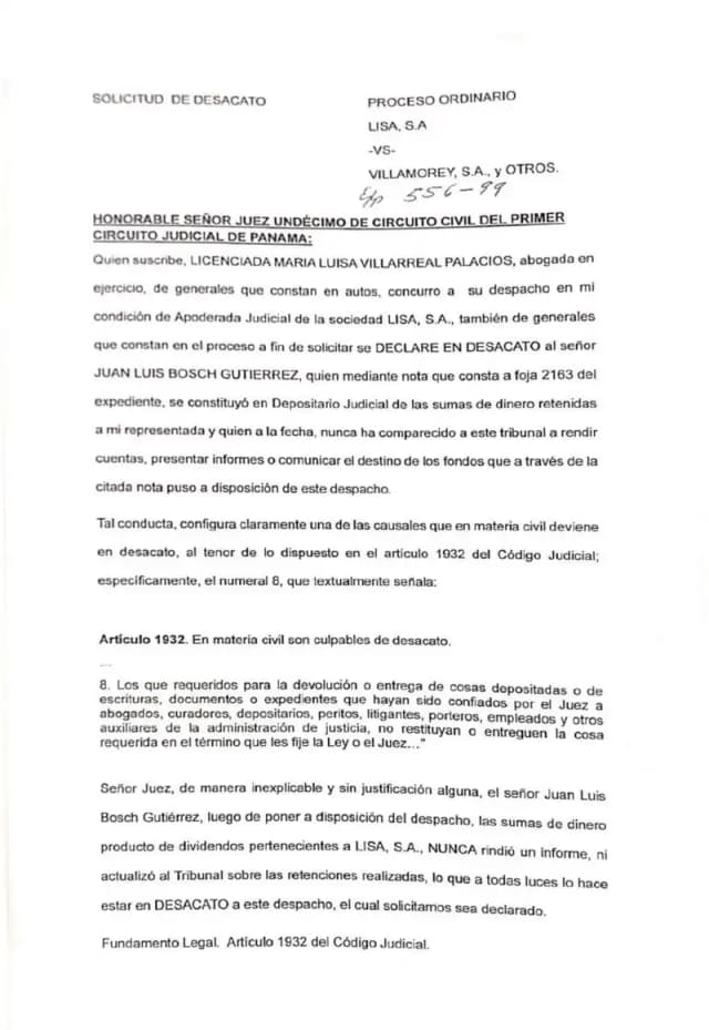 Lisa, S.A. solicita al Juzgado Undécimo de Circuito Civil que declare en desacato a Juan Luis Bosch Gutiérrez por no comparecer, rendir cuentas ni devolver los dividendos retenidos como depositario judicial desde 2008.
