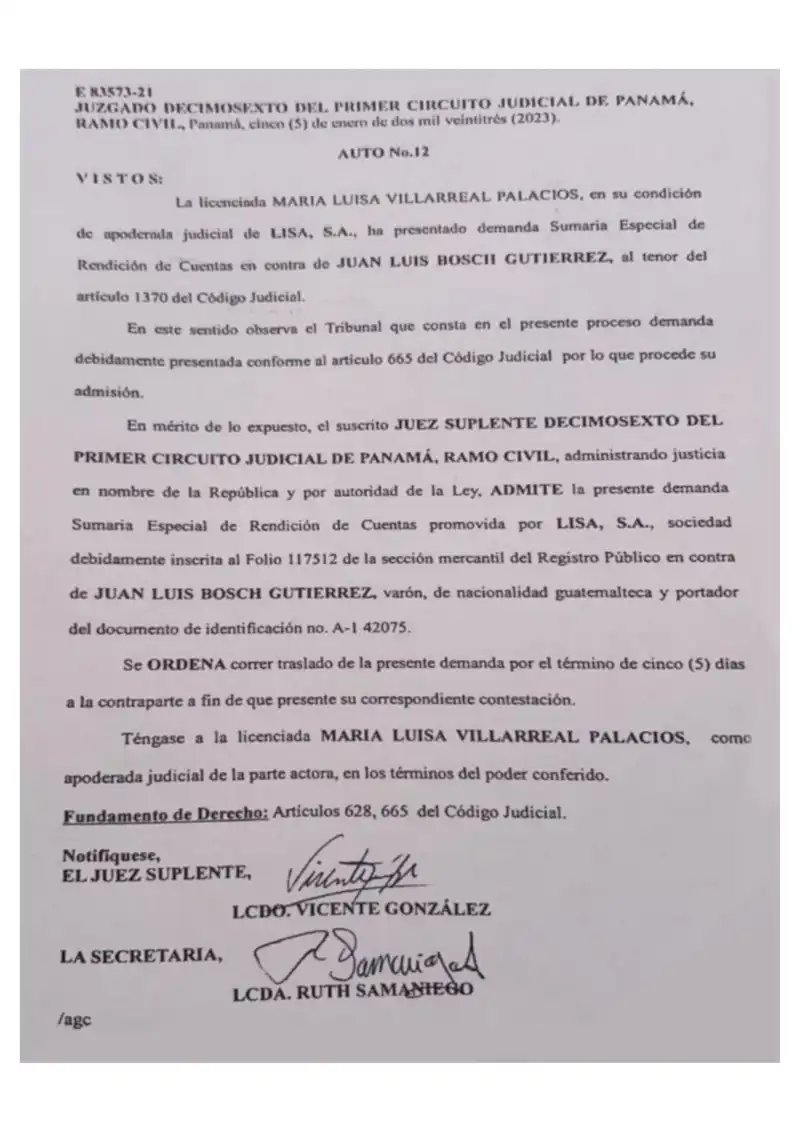 The 16th Circuit Civil Court admits Lisa, S.A.'s special summary accounting demand against Juan Luis Bosch Gutierrez, implementing the First Superior Tribunal's reversal of the original inadmission.