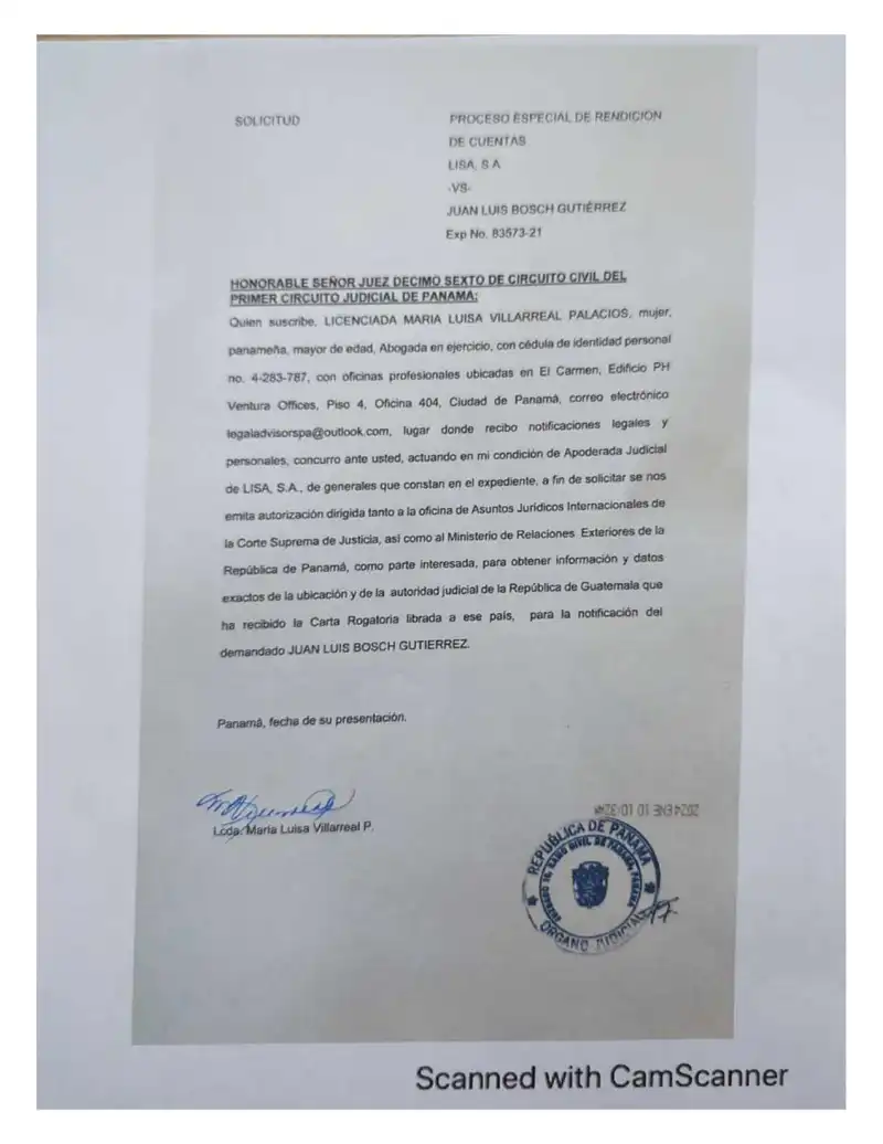 Lisa, S.A. requests court authorization to obtain from the Ministry of Foreign Affairs and the Supreme Court information on the Guatemalan authority that received the letter rogatory for service on Bosch.