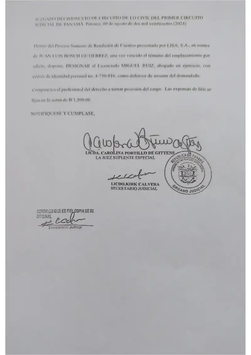 El Juzgado Decimosexto de Circuito de lo Civil designa al Lcdo. Miguel Ruiz como defensor de ausente de Bosch tras vencer el plazo del edicto emplazatorio sin comparecencia.