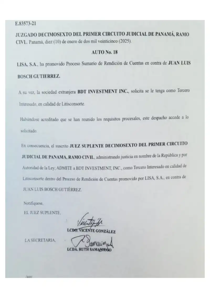 The 16th Civil Circuit Court admits BDT Investment Inc. as an interested third party in the summary accounting proceeding against Juan Luis Bosch Gutiérrez.