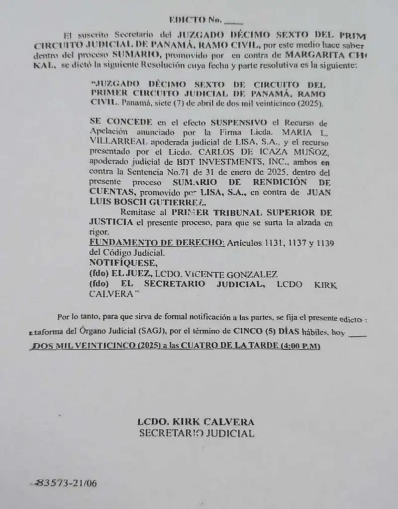 The 16th Circuit Civil Court grants suspensive effect to the appeals by Lisa, S.A. and BDT Investments, Inc. against Judgment No. 71 and transmits the case to the First Superior Tribunal.