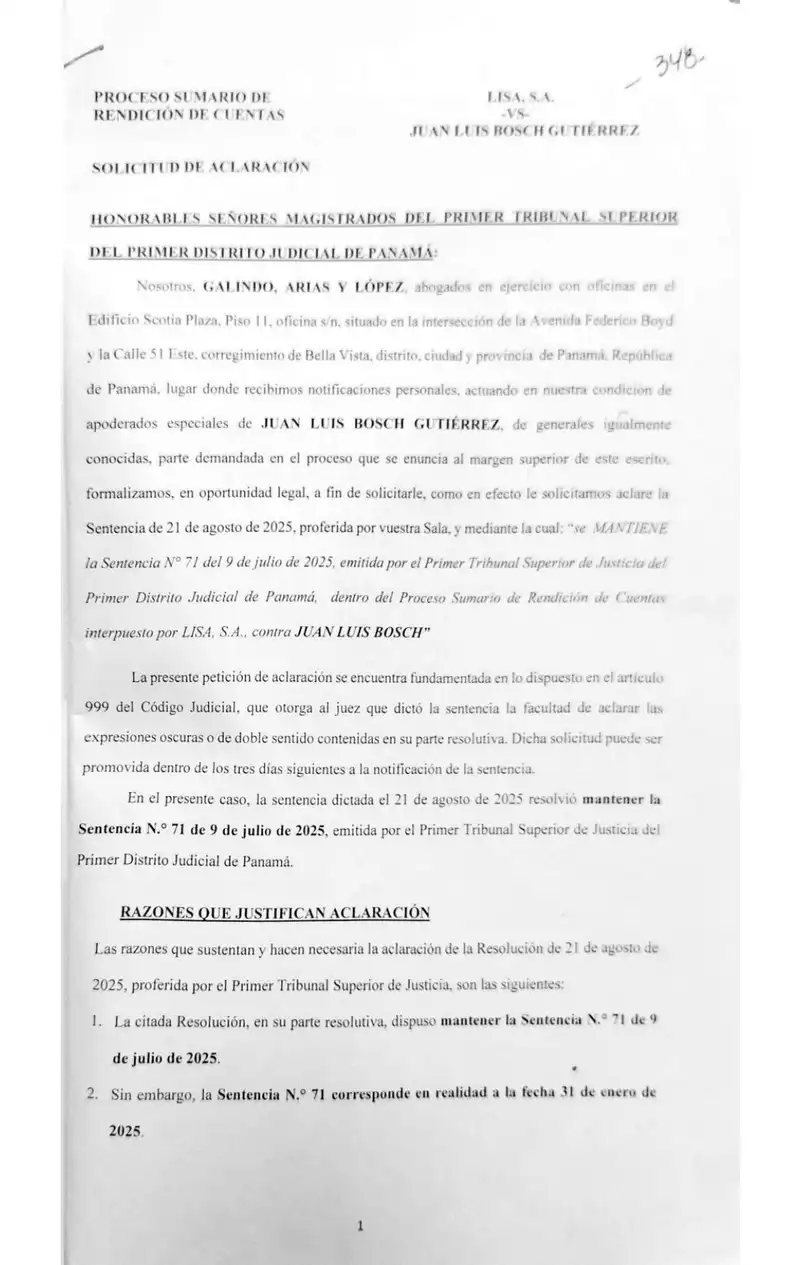 El Primer Tribunal Superior de Panamá rechazó la petición de Bosch de modificar las costas, confirmando que Lisa, S.A. actuó de buena fe pese a no acreditar sus pretensiones.
