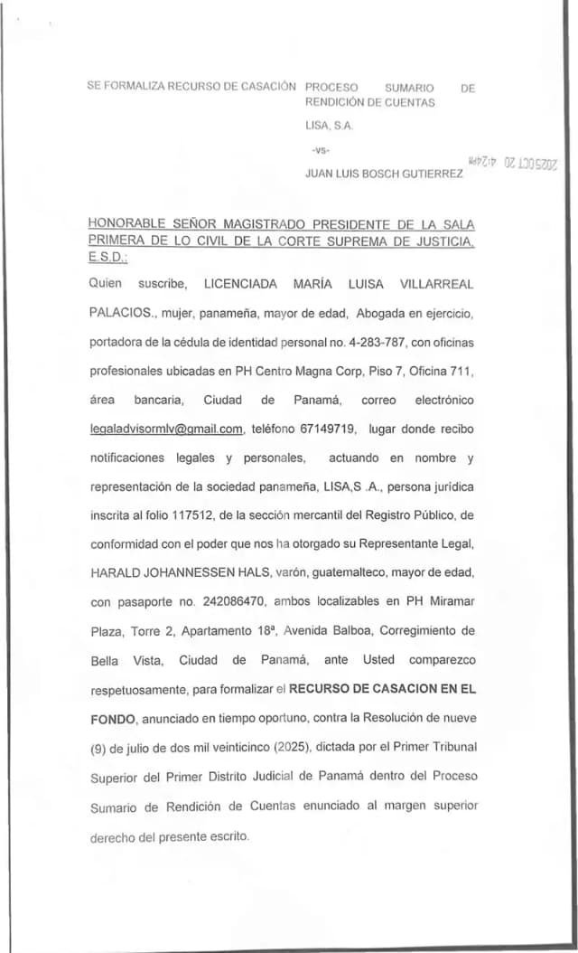 Lisa, S.A. formaliza casación en el fondo ante la Corte Suprema contra el fallo que confirmó el rechazo de su demanda de rendición de cuentas, alegando que ostentaba legitimación activa al demandar y que el tribunal omitió pronunciarse sobre la intervención de BDT.