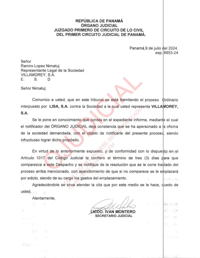 Panama's First Civil Court summons Villamorey, S.A. to appear within three days after failed personal notification, warning that service by edict will follow at its expense.
