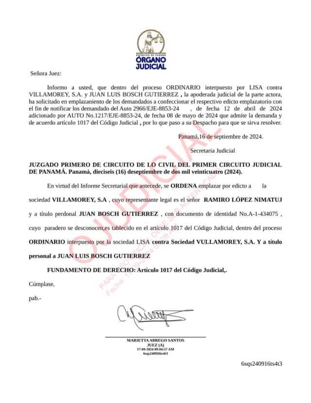 The First Civil Court of Panama orders service by edict for Villamorey, S.A. and Juan Luis Bosch Gutierrez after two failed visits to resident agent Galindo, Arias & López.
